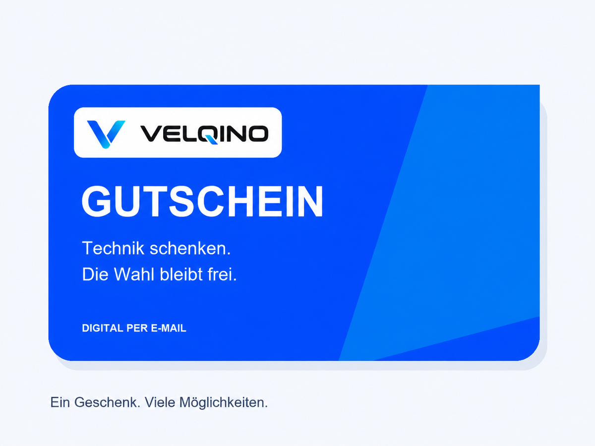 Digitaler VELQINO Geschenkgutschein mit VELQINO-Logo auf blauem Hintergrund